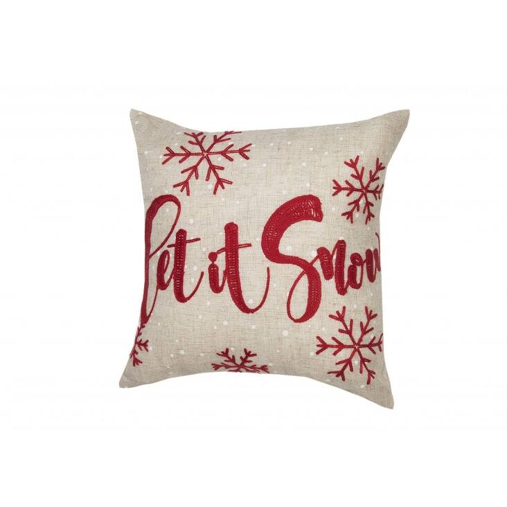 14" X 14" Beige and Red Christmas Linen Linen Blend Zippered Pillow With Embroidery