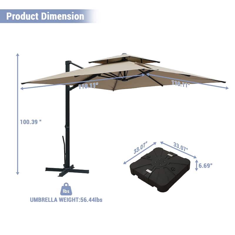 10ft Aluminum Square Double Top Cantilever Market Umbrella with Base