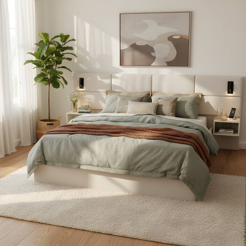 Christopher Knight Home - Mid-Century Modern Chenille Upholstered Smart Bed with Reading Lights & Built-In Shelves