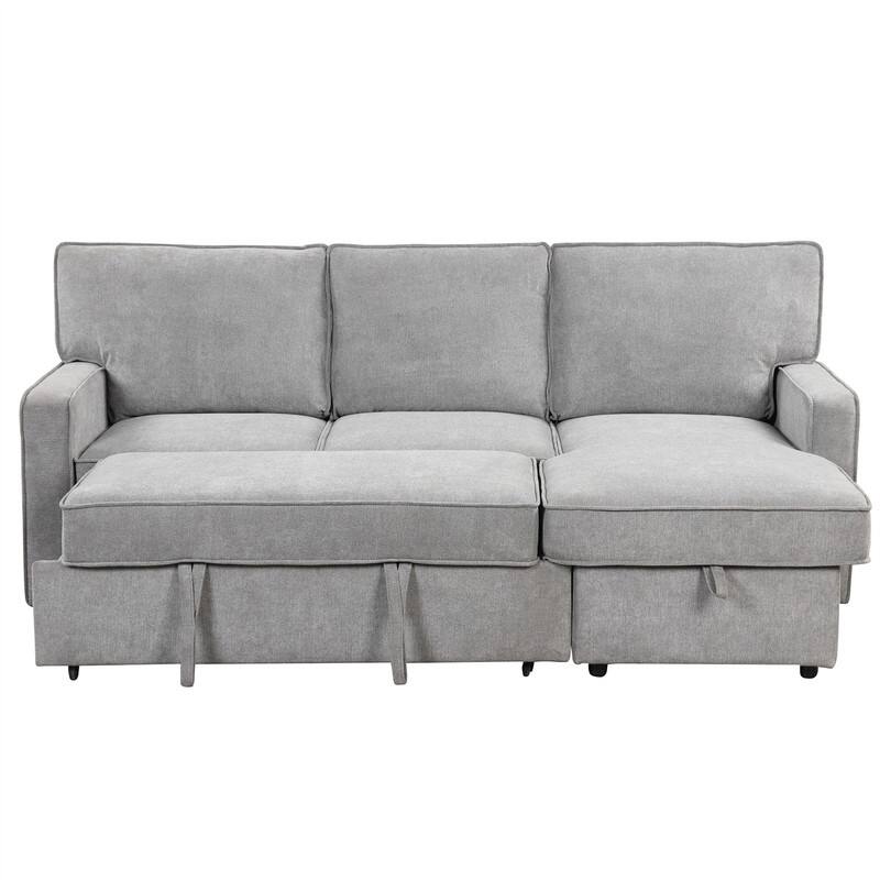 Upholstery Sleeper Sectional Sofa with Storage and 2 Cup Holder, Modern Corner Sectional with Pull-Out Sleeper and USB port