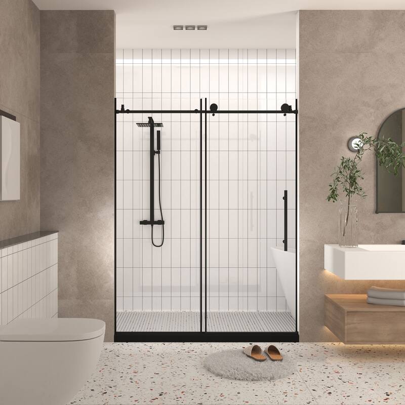 GDFStudio - Aldridge Frameless Sliding Bathroom Shower Door, Adjustable Width with Clear Tempered Safety Glass - Matte Black - 60 "W x 76" H