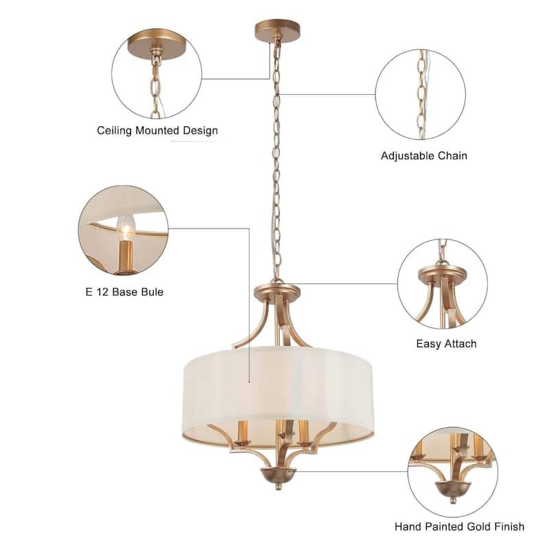 Mid-Century Modern 3-Light Drum Chandelier Fabric Lights for Dining Room - Deep Gold - 17" D x 20" H