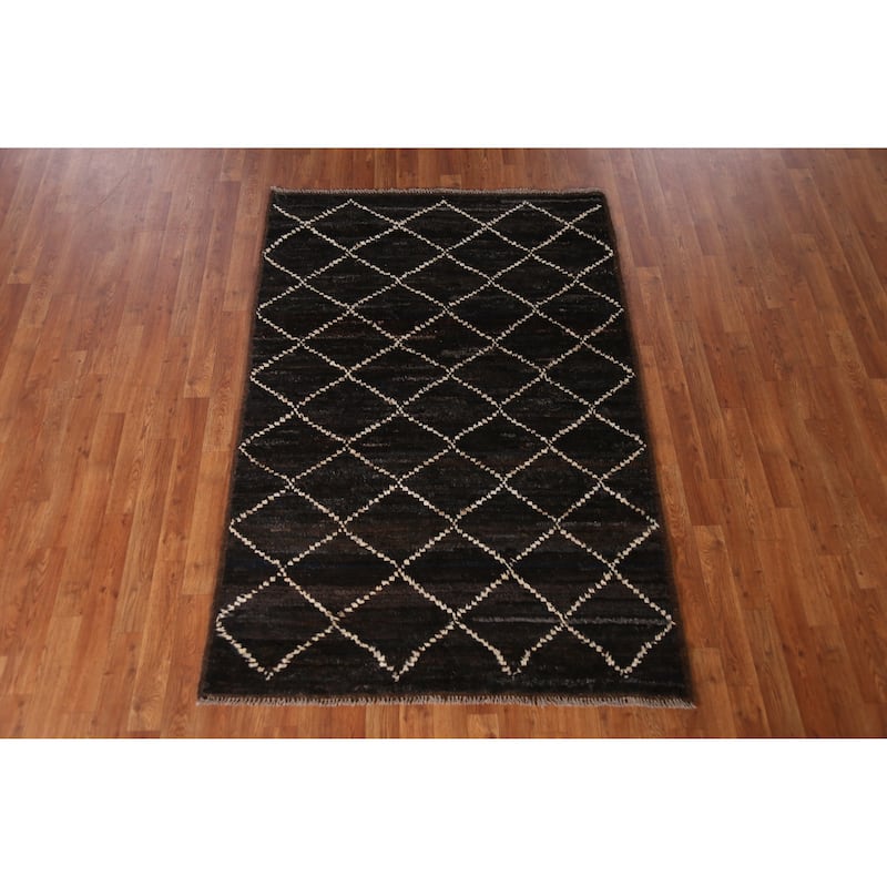 Black Trellis Moroccan Oriental Rug Handmade Wool Carpet - 4'1" x 6'1"