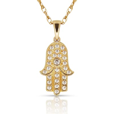 Curata 14K Gold 18" Cubic Zirconia Small Hamsa Hand of God Pendant Necklace