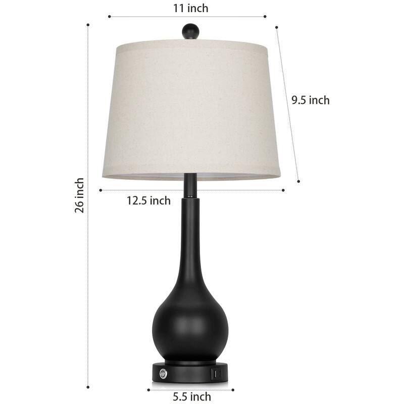 26'' Modern Table Lamps with Oatmeal Fabric Shades & Dual USB Charging Ports (Set of 2) - 12.5'' X 12.5'' X 26''