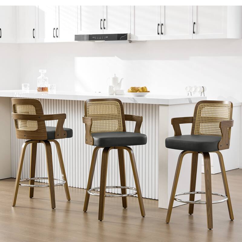 Upholstered Wood Swivel Counter Height Barstool with Arms - 37.8"H x 18.7"W x 19.29"D - Set of 3 - Grey-Rattan Back