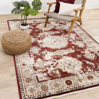 Sydney Collection - Red Cream Taupe Distressed Traditional Oriental Area Rug