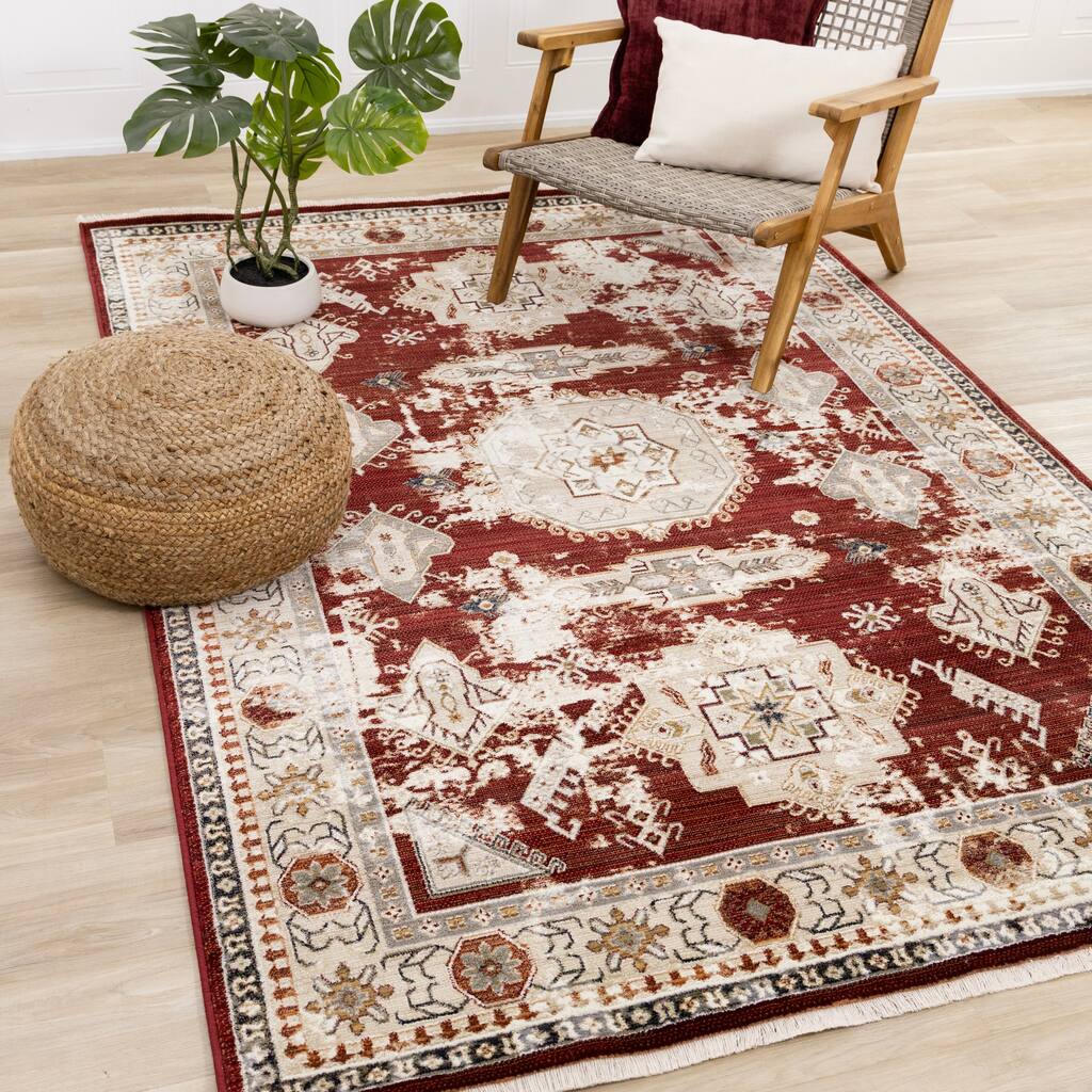 Sydney Collection - Red Cream Taupe Distressed Traditional Oriental Area Rug