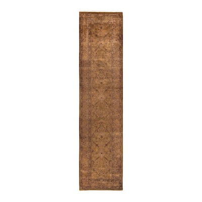 Overton Hand Knotted Wool Vintage Inspired Modern Contemporary Overdyed Gold Runner Rug - 3' 1" x 12' 10"