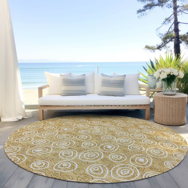 Machine Washable Indoor/ Outdoor Chantille Modern Bubbles Rug - Gold - 8' x 8'