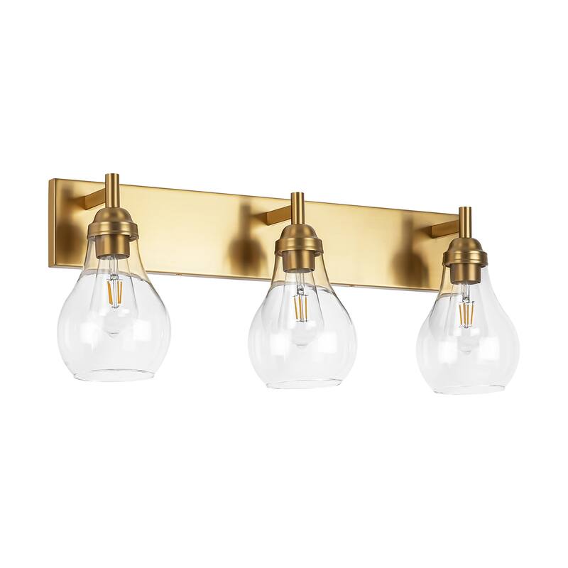 3-Light Industrial Brushed Gold Vanity Light with Clear Gourd Glass Shades - 27.56 in. W x 10.63 in. H x 6.69 in. D
