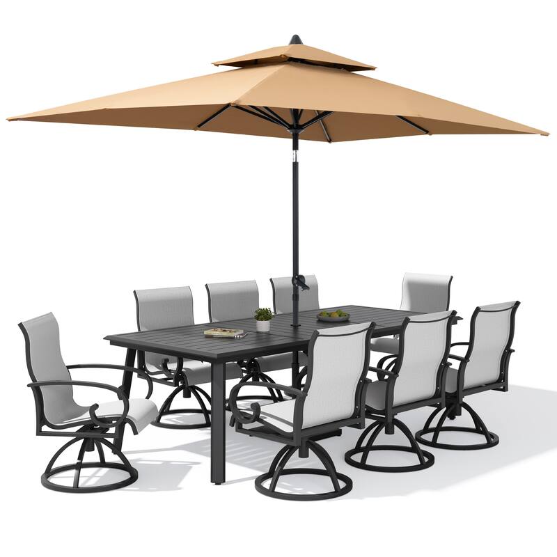 11-Piece Outdoor Patio Dining Set Aluminum Table and Swivel Sunbrella Dining Chairs w/ Umbrella and Base
