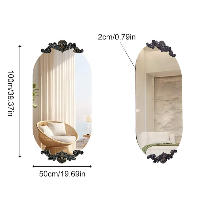 Long Oval Antique Wall Mirror Baroque Vanity Bathroom Mirror with Embossed Pattern
