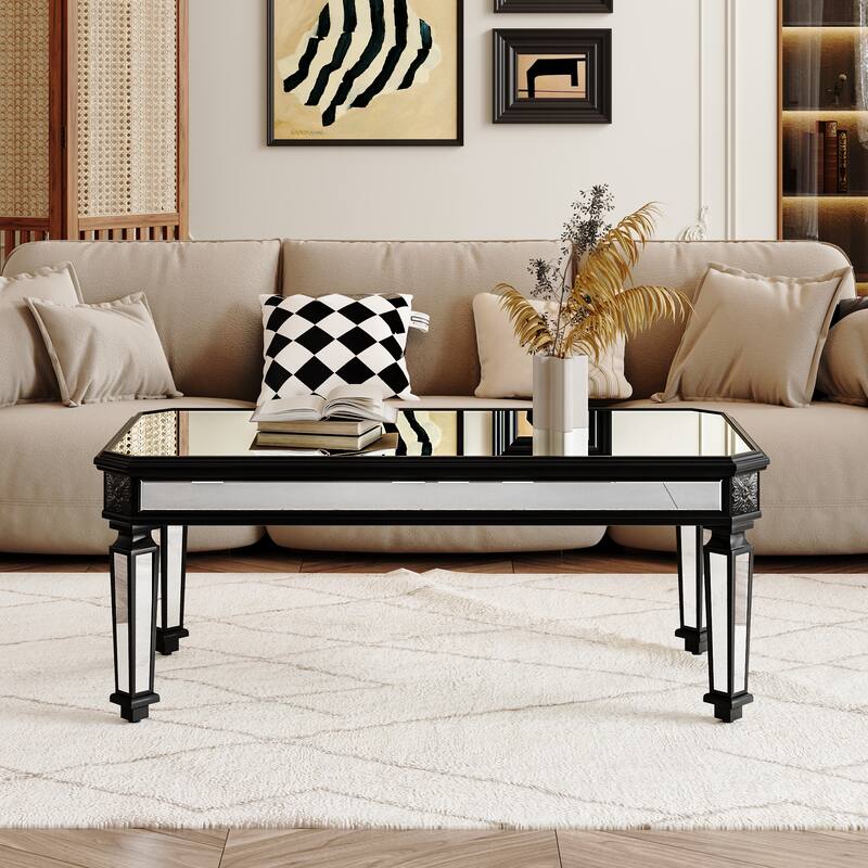 Roomfitters 48" Mirrored Coffee Table, Black Carved Wood Center Table, Rectangle Glass Tea Table for Living Room, Silver - Black+Silver