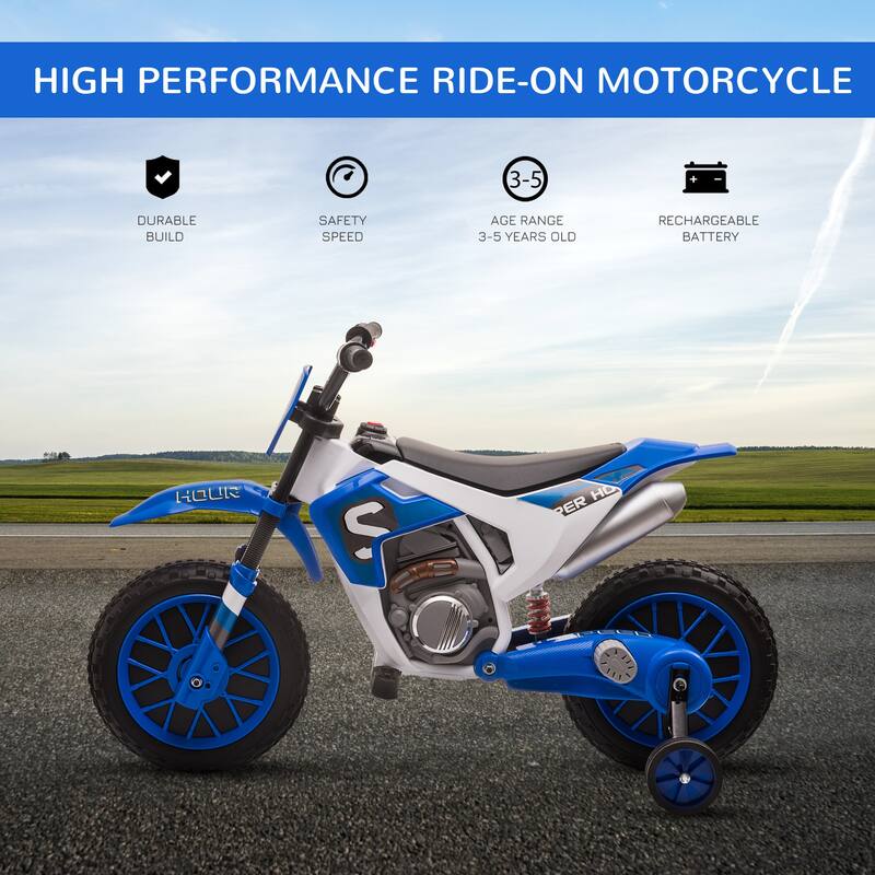 Motorcycle Dirt Bike Electric Battery-Powered Ride-On Toy Off-road Street Bike with Charging Battery, Training Wheels Blue