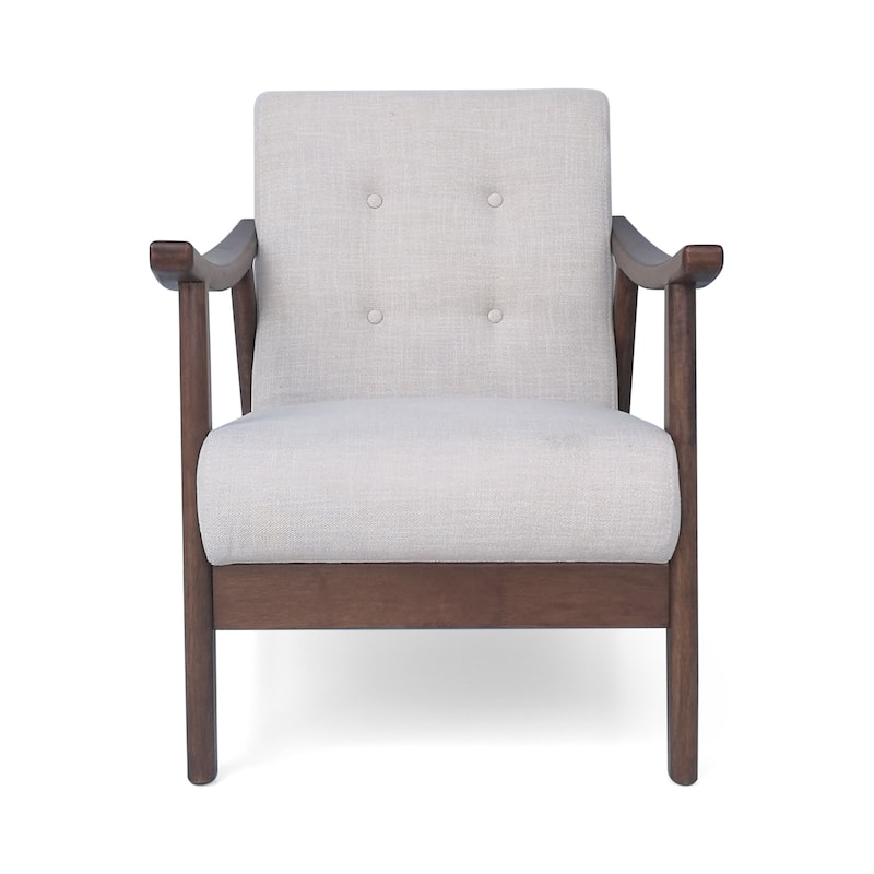 Beige Mid Century Modern 25.25" Upholstered Button Tufted Accent Chair with Rubber Wood Legs