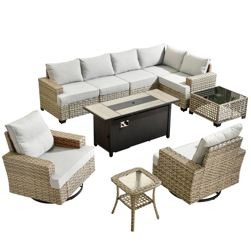 OVIOS 10 Pieces T shaped Seat Wide Armrest Swivel Chair Set With Solar-Powered Table&Fire Pit