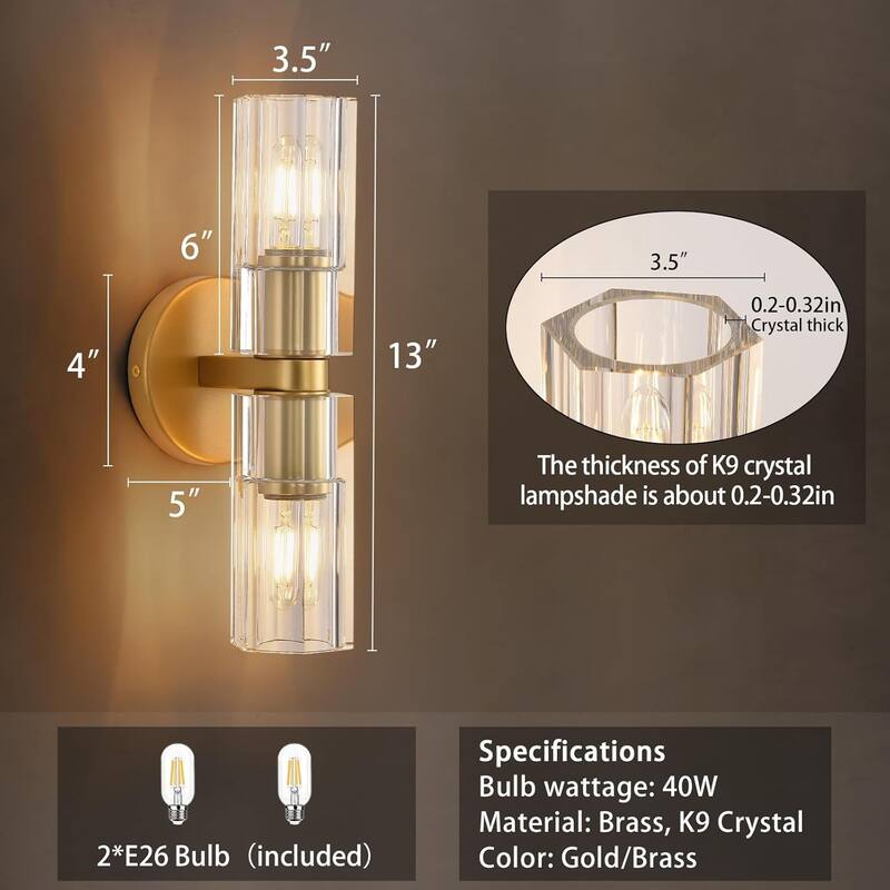 2 Light Entryway light Brass Cylindric light Metal, Crystal wall light