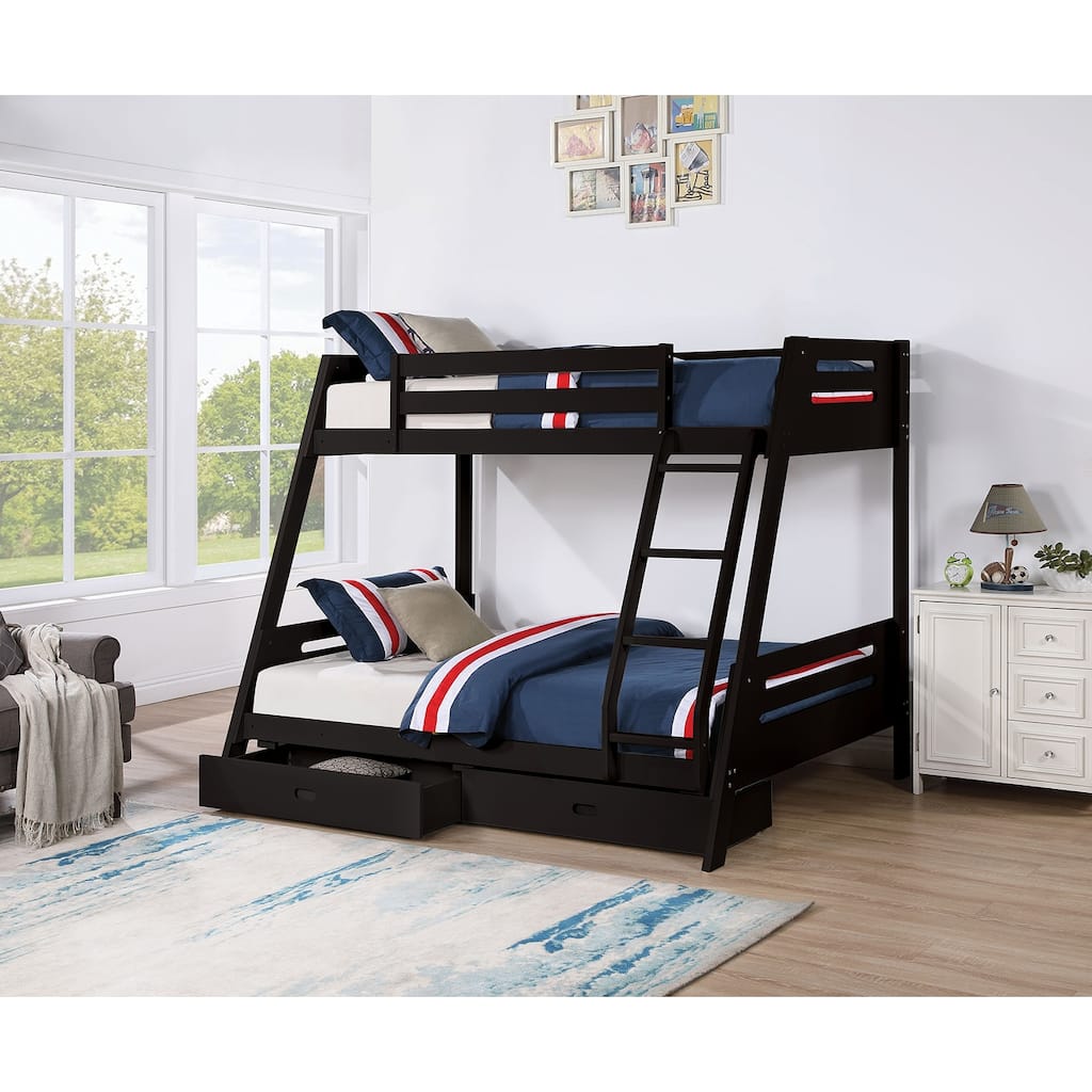 Black Wood Twin Over Full Bunk Bed with Reversible Ladder and Underbed Drawers