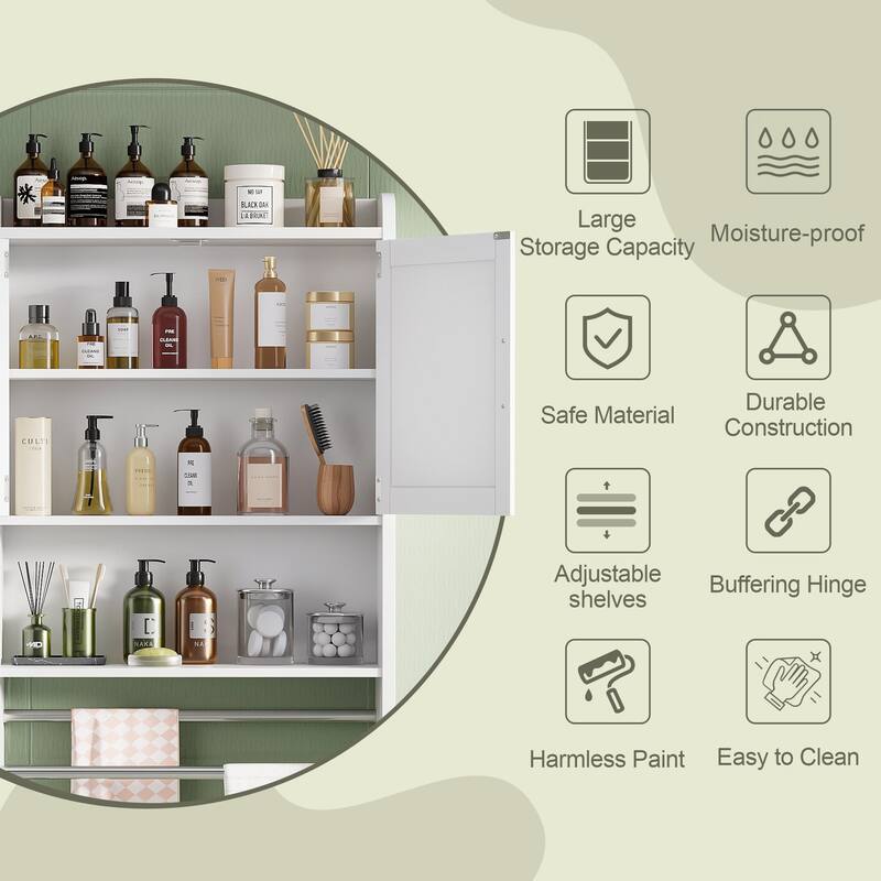 VECELO Bathroom Wall Cabinet Over Toilet Storage Cabinet Medicine Cabinet Space Saving with 2 Doors Open Shelves Towel Bars
