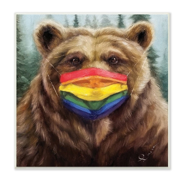 Stupell Brown Bear Rainbow Face Mask Forest Animal Wood Wall Art, 12 x ...