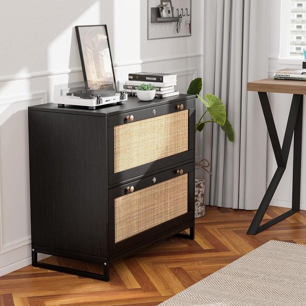 Wood Rattan 2-Drawer Lateral File Cabinet with Lock for Home