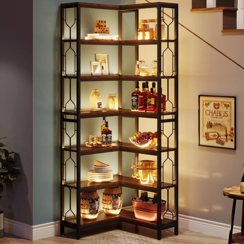 79 Inch Corner Bookshelf, 7-Tier L-shaped Bookcase, Wood and Metal Corner Display Shelf