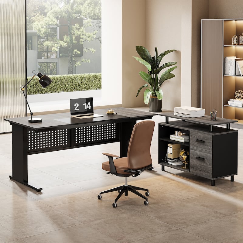 63-Inch L-Shaped Executive Desk with Storage Shelves