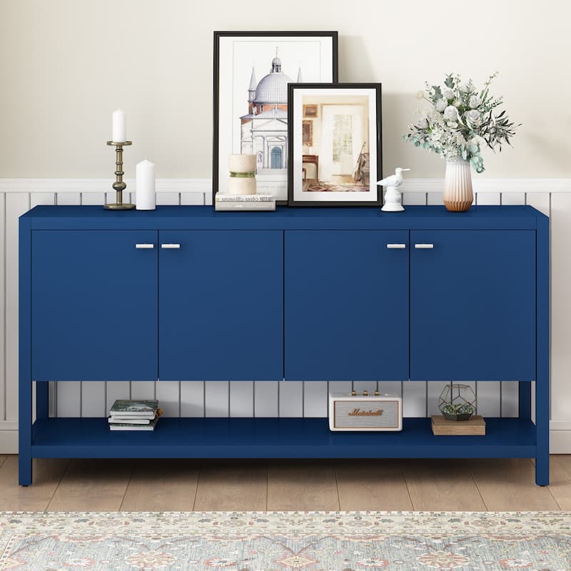 4 Door Entryway Console Table with Open Bottom Shelf, Farmhouse Entryway Table - Navy Blue