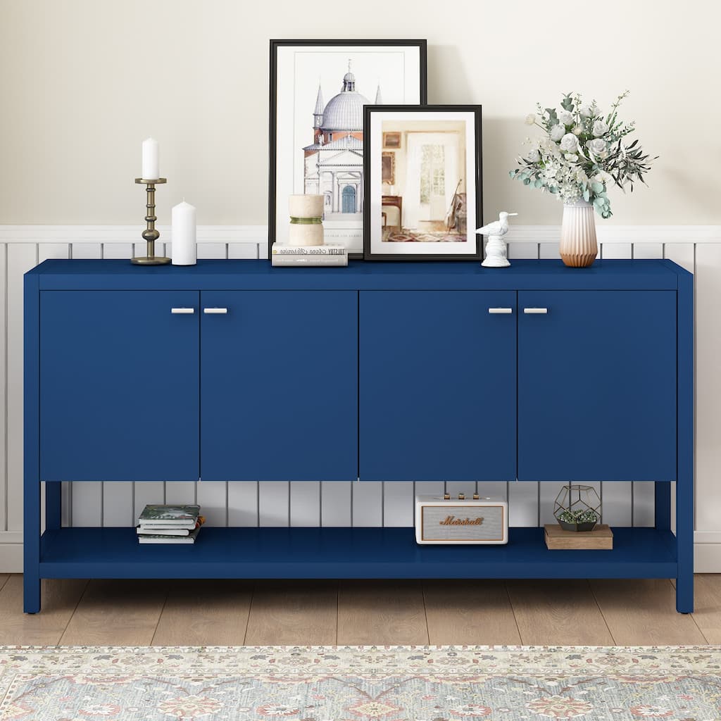 4 Door Entryway Console Table with Open Bottom Shelf, Farmhouse Entryway Table