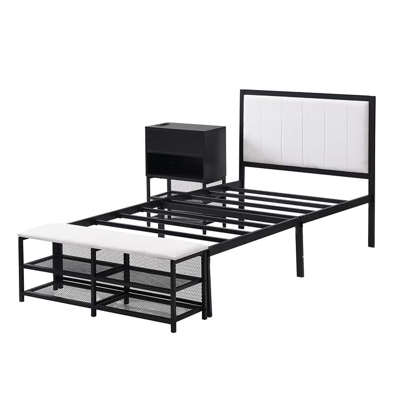 Full-Size Upholstered Metal Platform Bed with Dual Storage Shelves, Wooden Cabinet, and Cushioned Footrest
