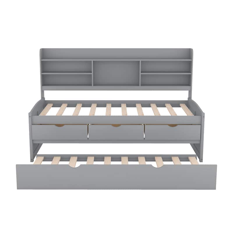 Gray Twin Pine Captain Bed with Shelves, Drawers & Trundle