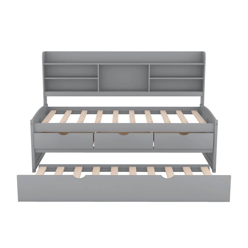 Twin Size Wooden Bed with Built-in Bookshelves, Storage Drawers, and Trundle in Light Grey