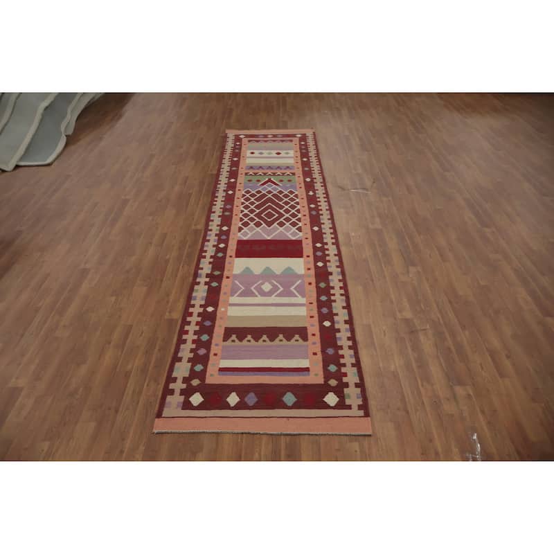 Hand Woven Oriental 100% Wool Carpet Southwestern Tribal Multi-Colored Kilim Runner Rug - 12' 10'' X 3' 2''