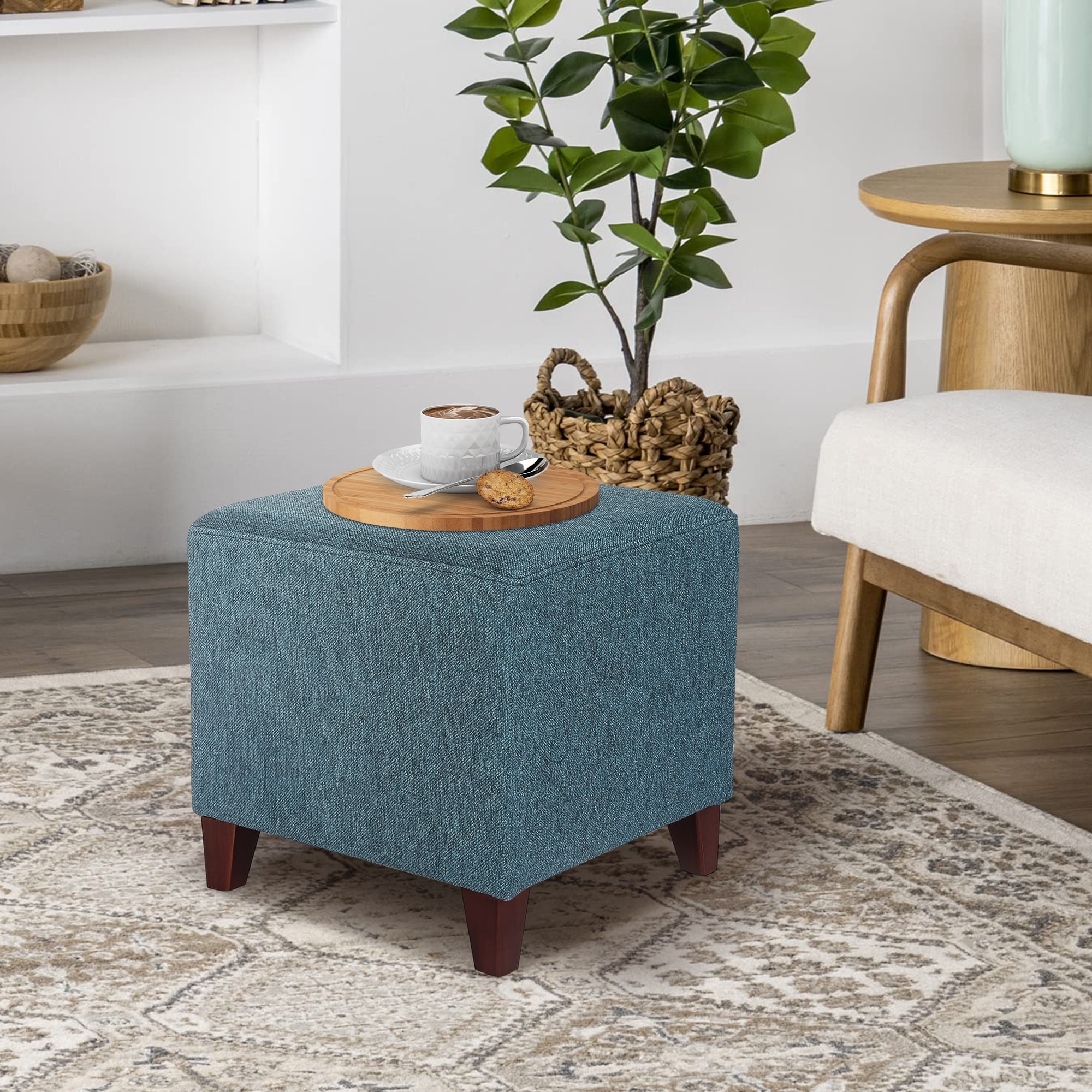 Adeco Square Ottoman Footrest Stool Small Fabric Bench Seat - On