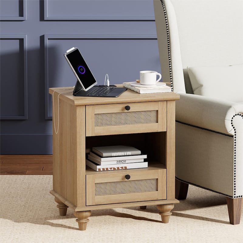 Mid Century End Table Nightstands with Charging Station & Drawer