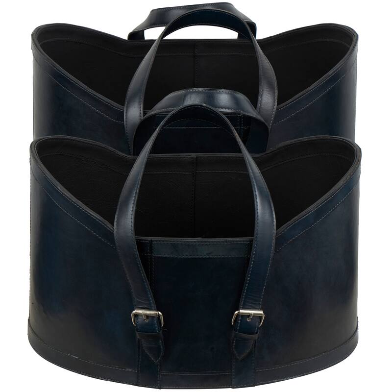 Leather Handmade Storage Basket with Handles - Set of 2 Dark Blue or Brown - Roche River Decor