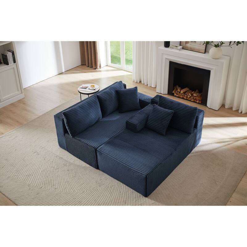 L-shaped Corduroy Cloud Sectional Sofa with Chaise and Deep Seat - Blue