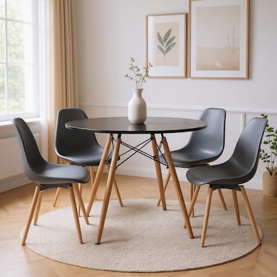 HomeRoots 32" Black and Natural Wood Round Top Dining Table - 31.50 in. x 29.50 in. x 31.50 in.