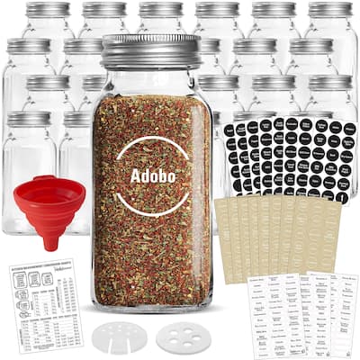 24 Large Glass Spice Jars w/2 Types of Preprinted Spice Labels, Commercial Grade