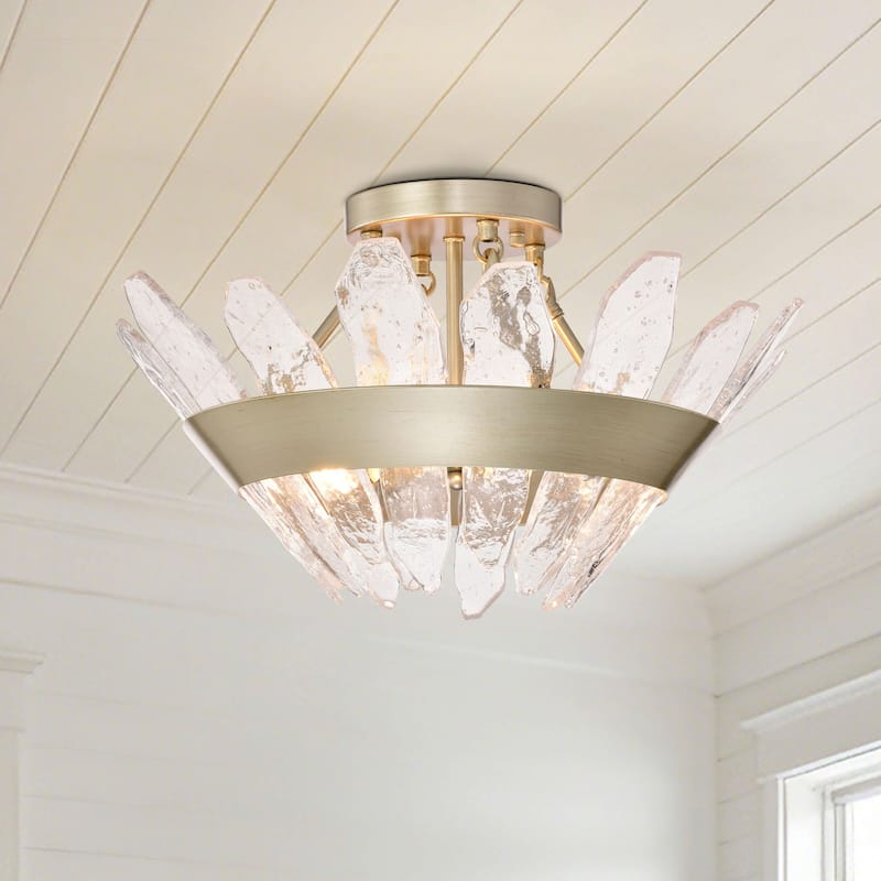 Daisy 3-Light 19.1" Modern Seeded Glass Panel Flush Mount Flush Mount - Brushed Silver-ish Champagne