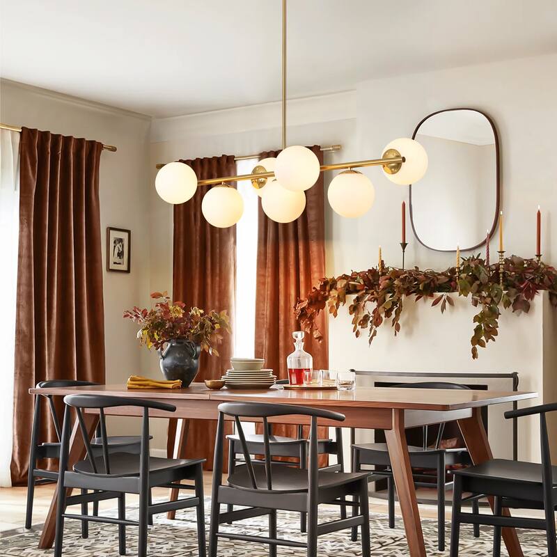 7-Light Mid-Century Modern Gold/Black Sputnik Metal Island Lights with Opal Glass Globe Shades for Kitchen, Dining Room