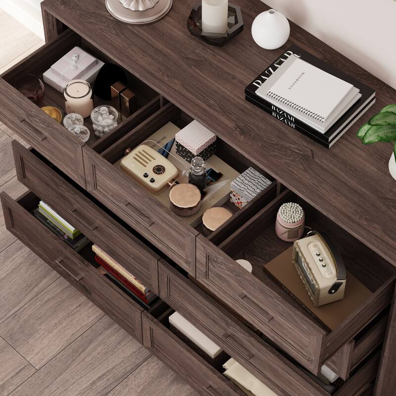 Modern 9-Drawer Dresser with Solid Wood Legs, Vintage Brown and White Wood Grain Options, Bedroom Storage Chest