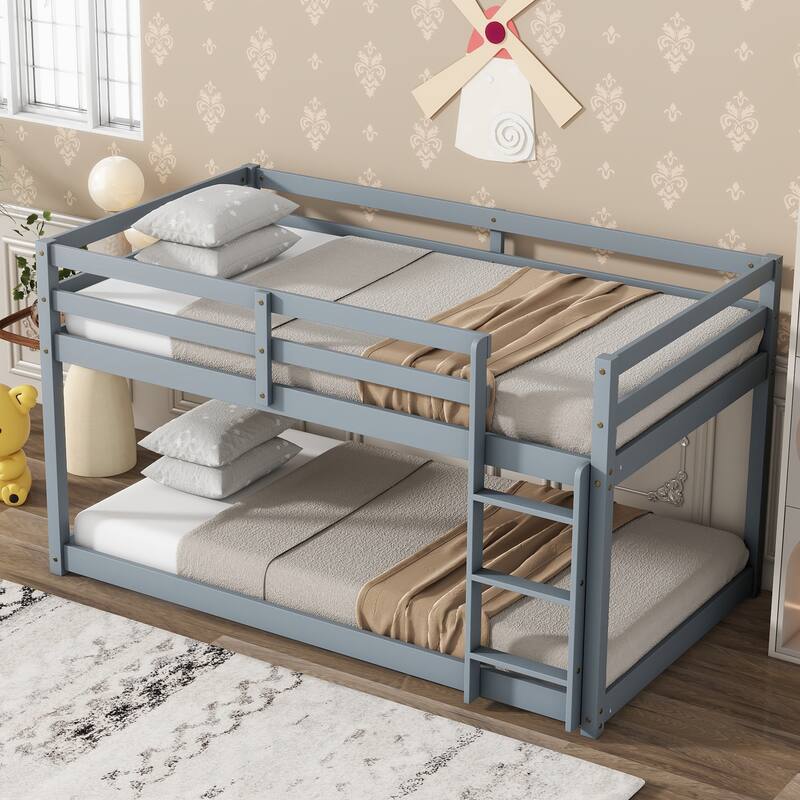 Solid Rubber Wood Twin over Twin Bunk Bed with Ladder, Grey, Strengthened Slats, Space Storage