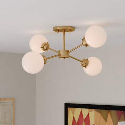 Orbit Brass Industrial Sputnik Semi Flush Mount Ceiling Light White Glass