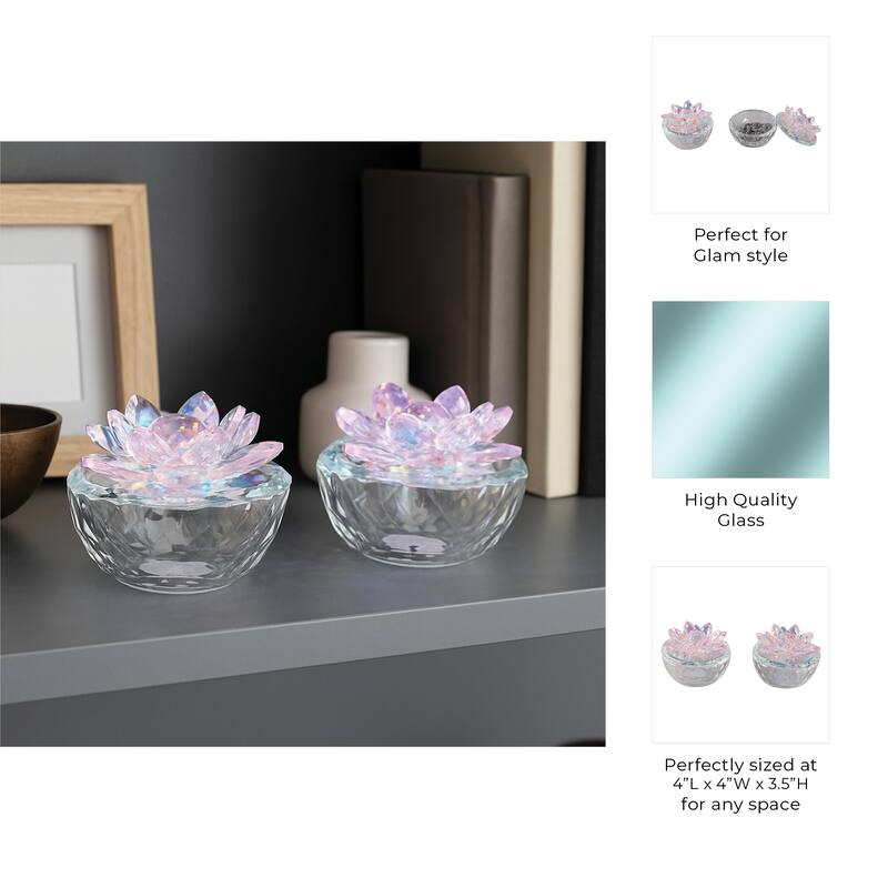 Decorative Round Glass Box with Lotus Top - Set of 2, 4"