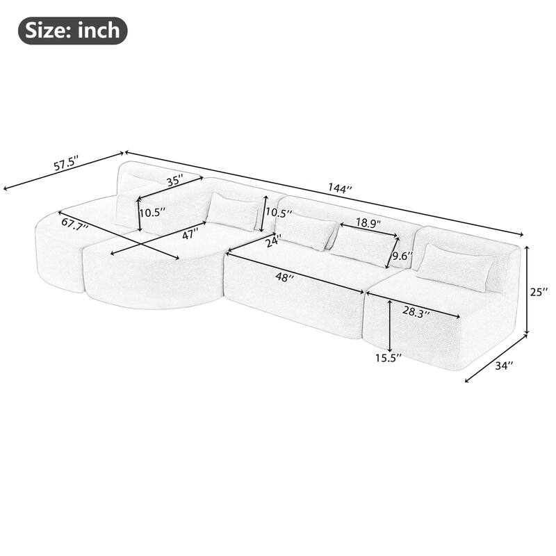 143.7" Polyester Upholstered Sectional Sofa, Two Chaise Lounges with Five Back Pillows