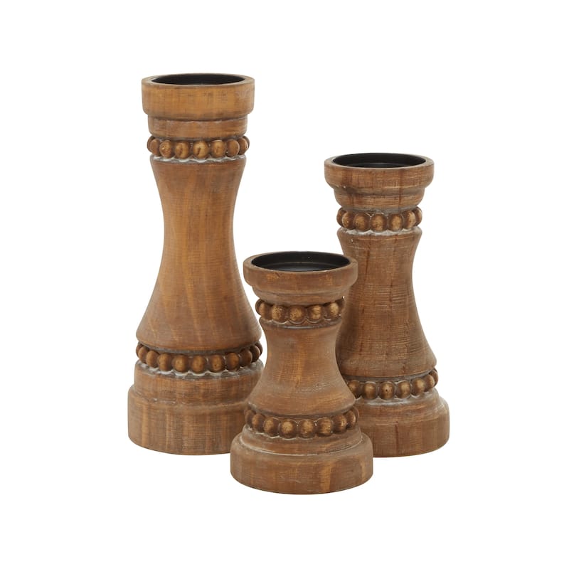 Wood Beaded Pillar Candle Holder - Set of 3 Brown - Roche River Decor
