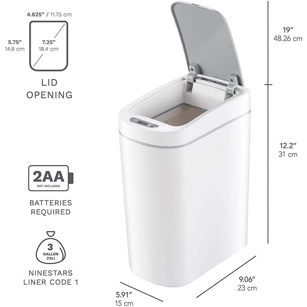 NINESTARS White Motion Sensor Trash Can Combo Set, 2 Pc. 1.85 Gallons