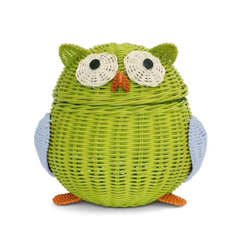 Green Owl Rattan Storage Basket with Lid Decorative Home Decor Hand Woven Shelf Organizer Cute Handmade Handcrafted Gift Art -  7" tall x 6.5" wide x 5.5" deep